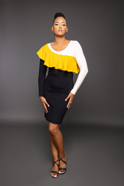 Edita colorblock pencil dress with ruffle detail