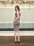 Salina ribbed pencil dress with shoulder bow detail