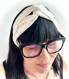 white headband worn seen from top front