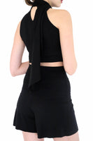 Nia cropped halter tank top with built in oversized tie collar