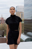 Thalia gathered collar and drawstring tie capped sleeve top