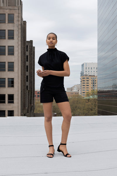 Thalia gathered collar and drawstring tie capped sleeve top