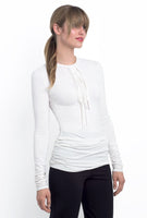 Insook bamboo jersey long sleeve blouse with neck fringe