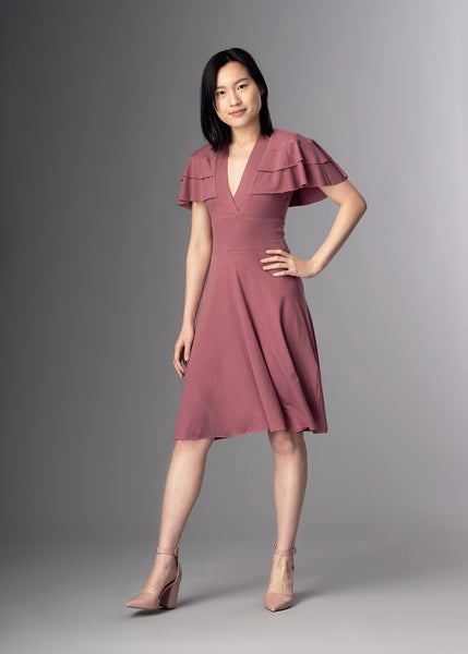 Clio deep V-neck flounced cape midi dress